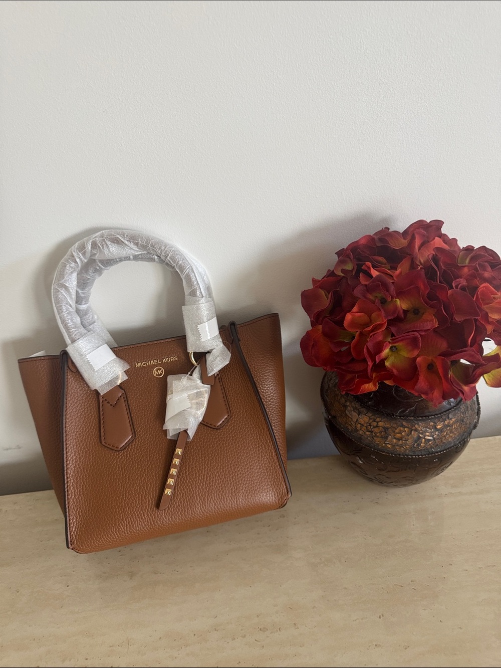 Michael Kors Tan Pebbled Leather Satchel with Gold Hardware